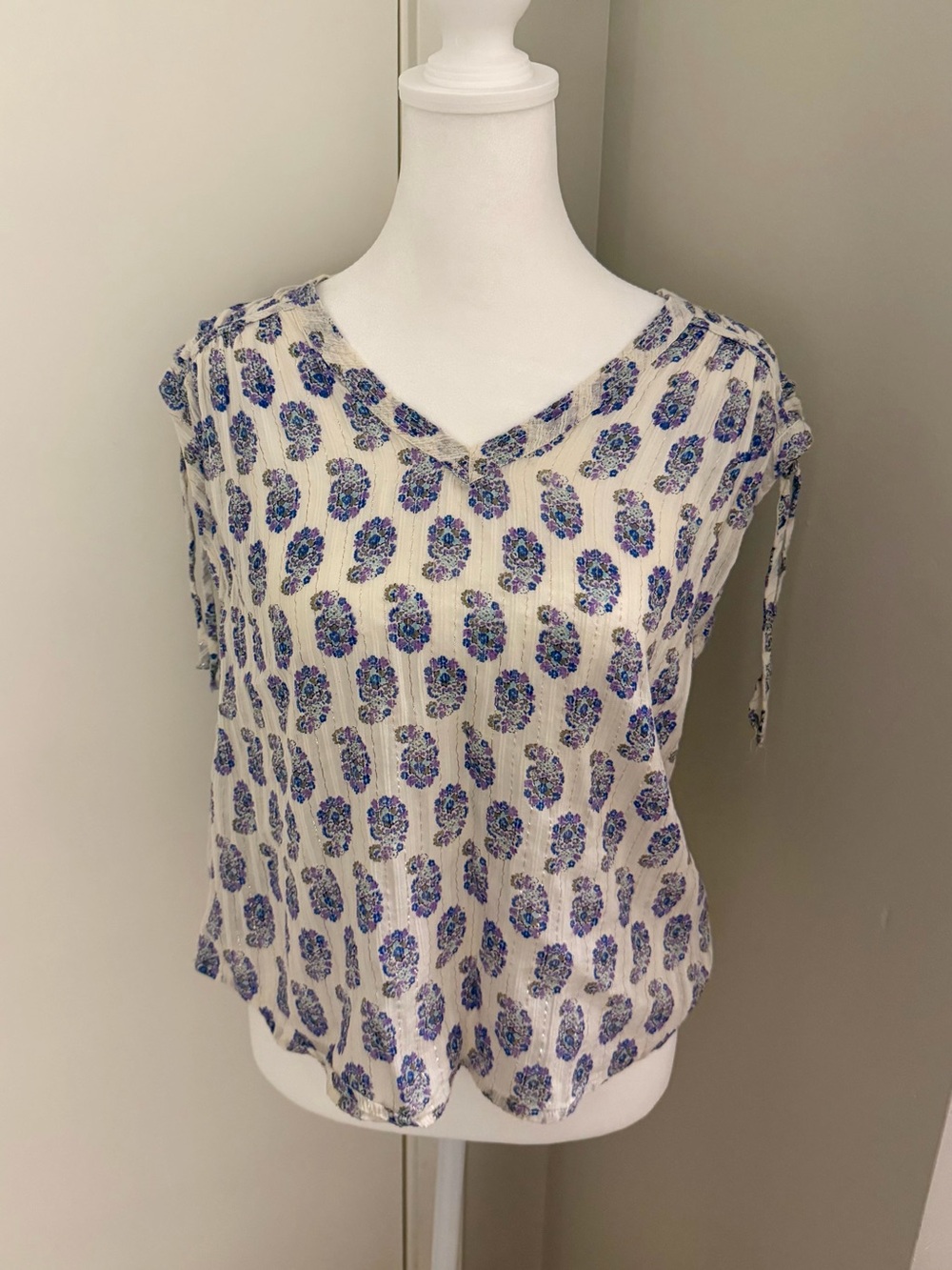 Anthropologie Lightweight Short Sleeve Blouse with Blue and Purple Paisley Print